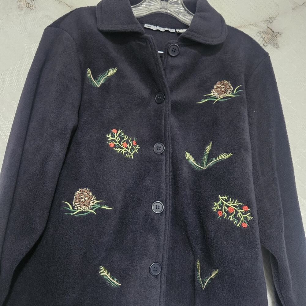 Cignal Sport Navy Small Embroider Floral Button Up Fleece Cardigan Cottagecore